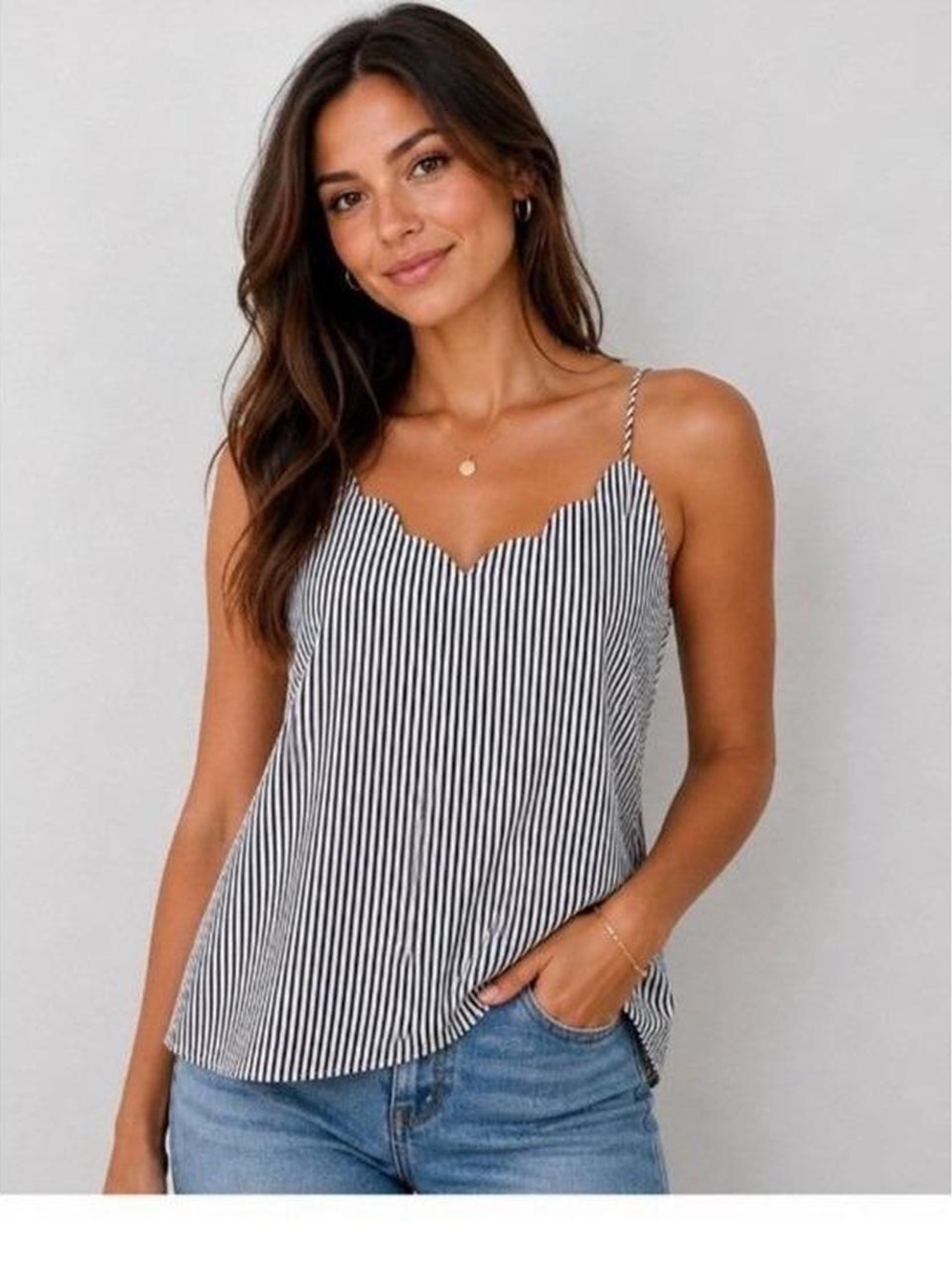 J. Crew Black and White Striped Scallop V-Neck Cami